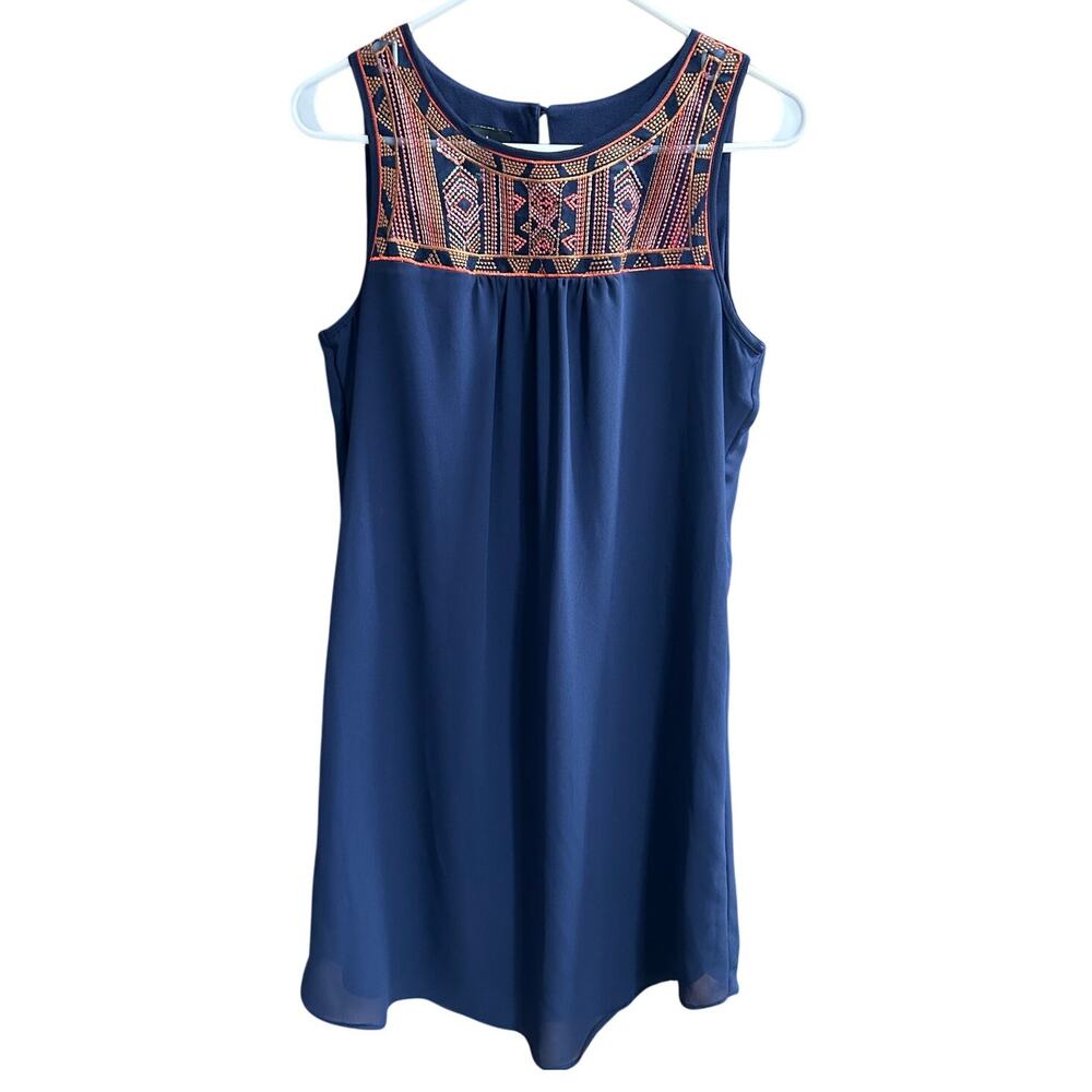 By & By Shift Dress Navy Blue Embroidered Sheer Yoke Aztec Geometric Size Medium